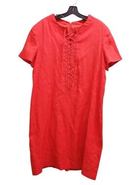 Kelly Graham Linen Orange Red Lace-Up Front Shift Dress Size 16